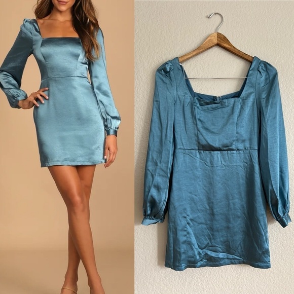 NWOT Got The Love Slate Blue Satin Square-Neck Mini Dress - Picture 1 of 8